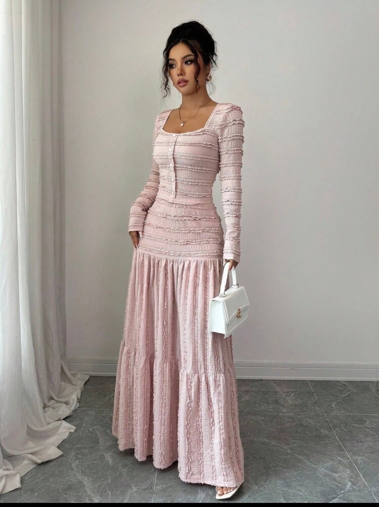 Selianne Women's Pink Textured
Fabric Casual Vacation Style Long Sleeve Square Neck Button-Up Top And Maxi A-Line Skirt 2-Piece Set, Autumn