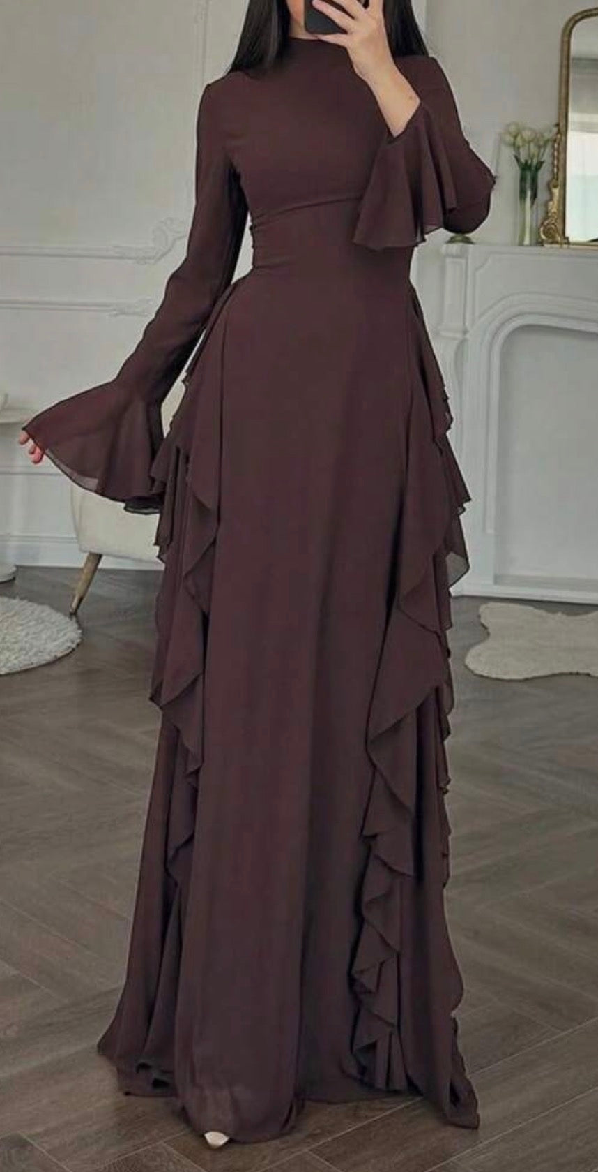 Elegant Brown Bell Sleeve Dress