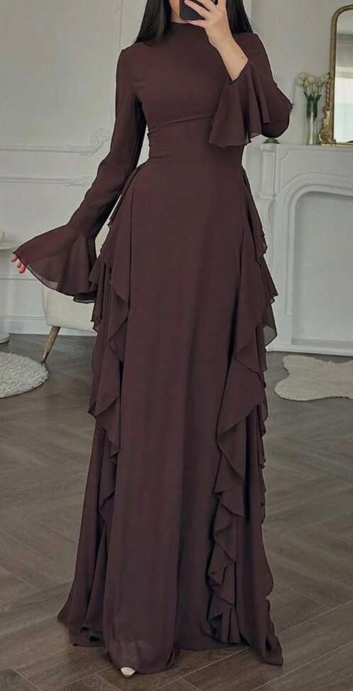 Elegant Brown Bell Sleeve Dress