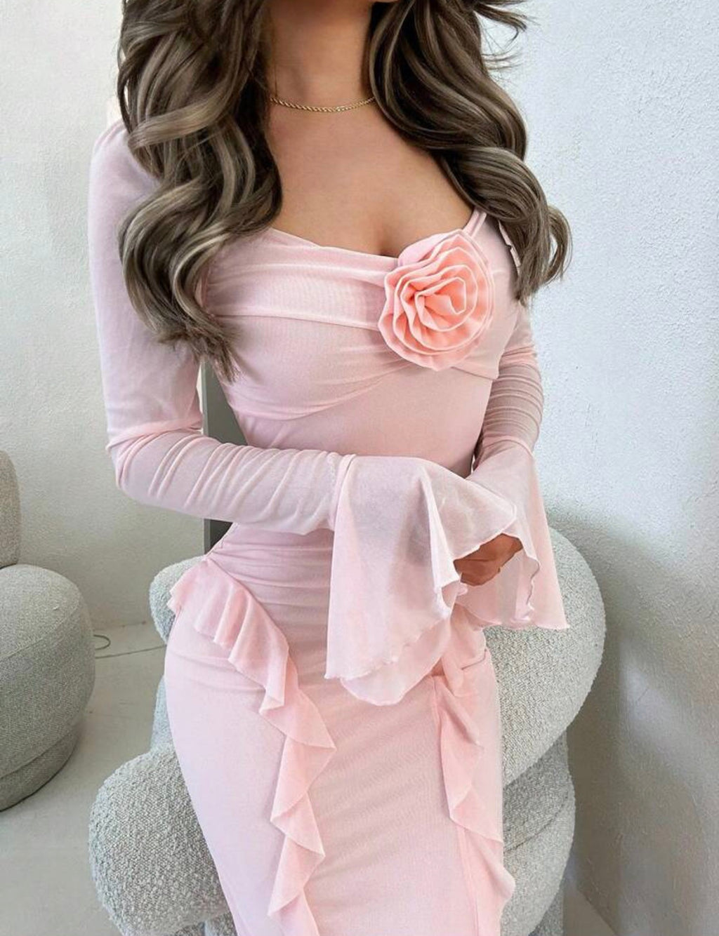 Jemour Elegant Floral Embellished Long Sleeve Pink Dress, Fall/Autumn Outfit For Casual Dates, Events, And Parties,Summer Dresses