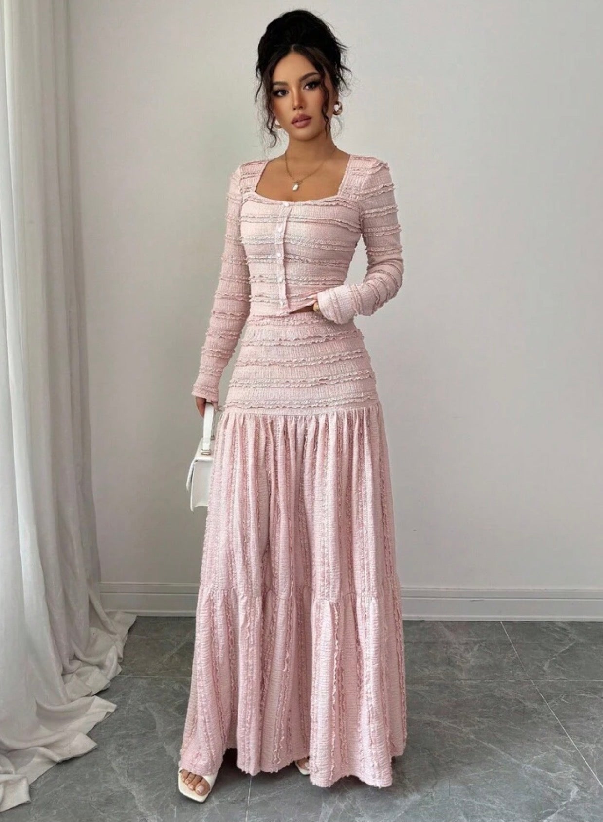 Selianne Women's Pink Textured
Fabric Casual Vacation Style Long Sleeve Square Neck Button-Up Top And Maxi A-Line Skirt 2-Piece Set, Autumn