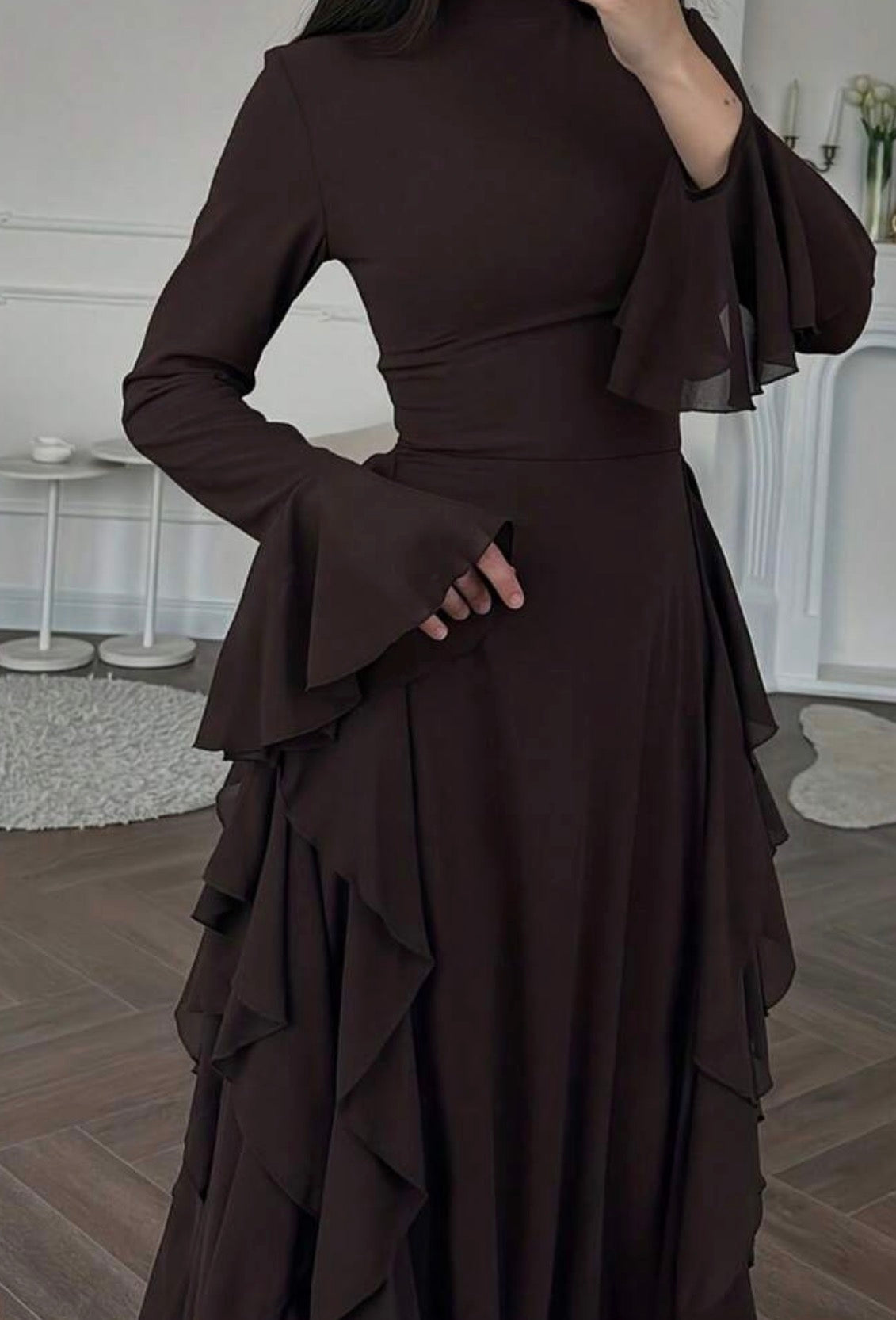 Elegant Brown Bell Sleeve Dress