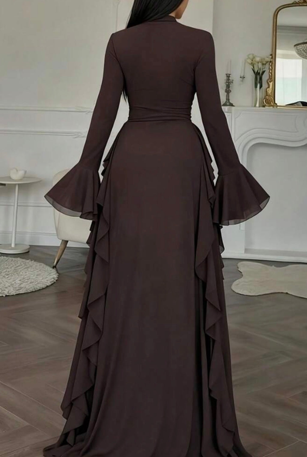 Elegant Brown Bell Sleeve Dress