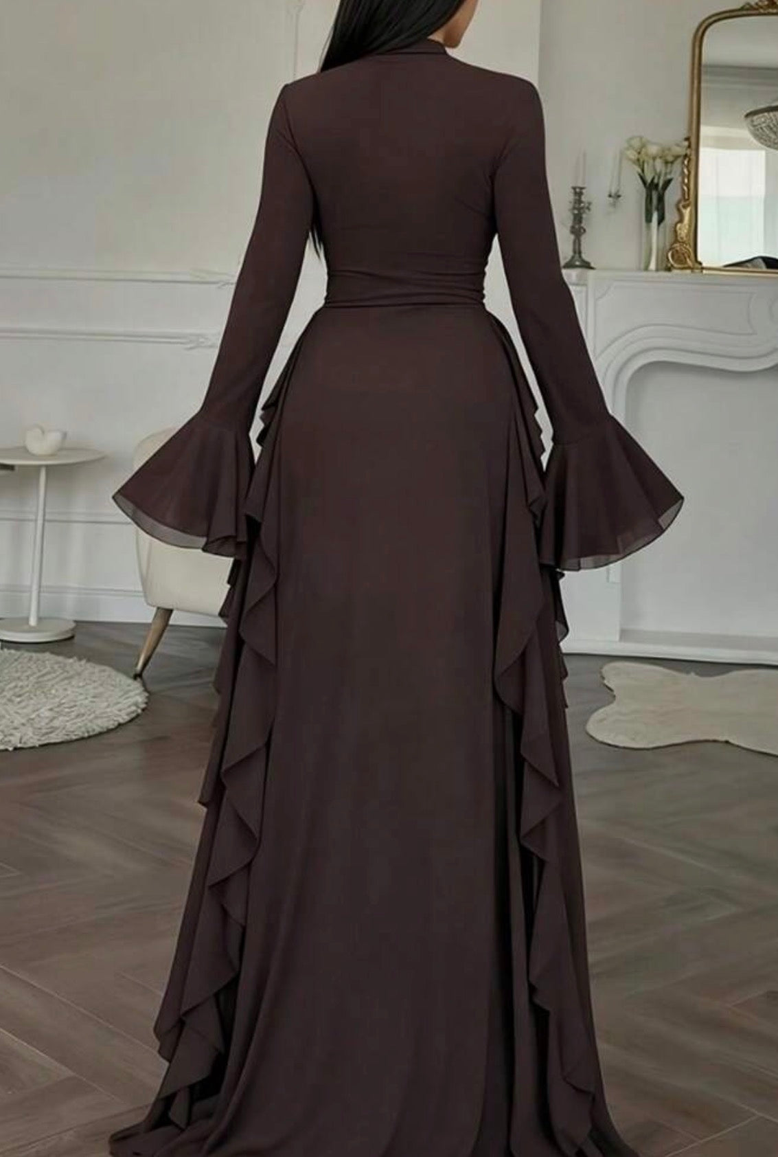 Elegant Brown Bell Sleeve Dress